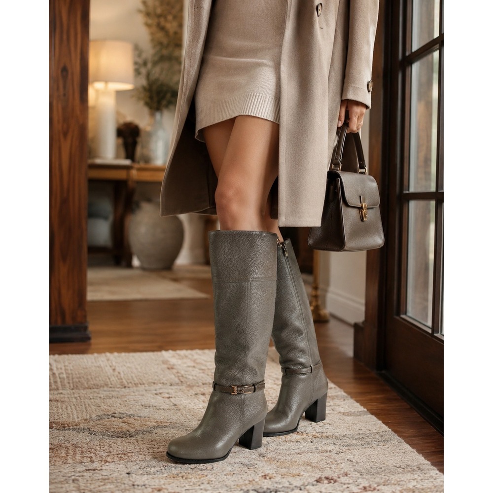 Tory Burch Pebbled Leather Zip Tall Block Heel Buckle Boots Gray 6M Quiet Luxury - Picture 15 of 16